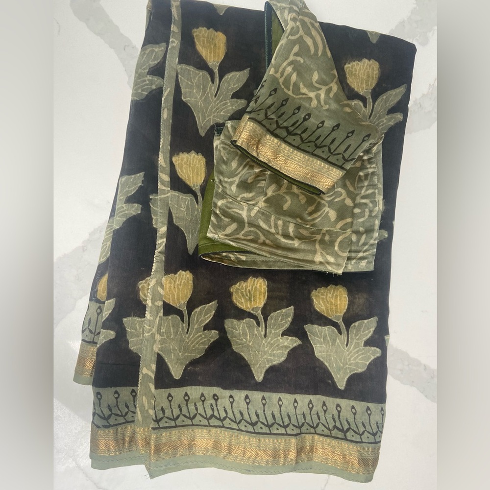Maheswari silk black and sage green saree